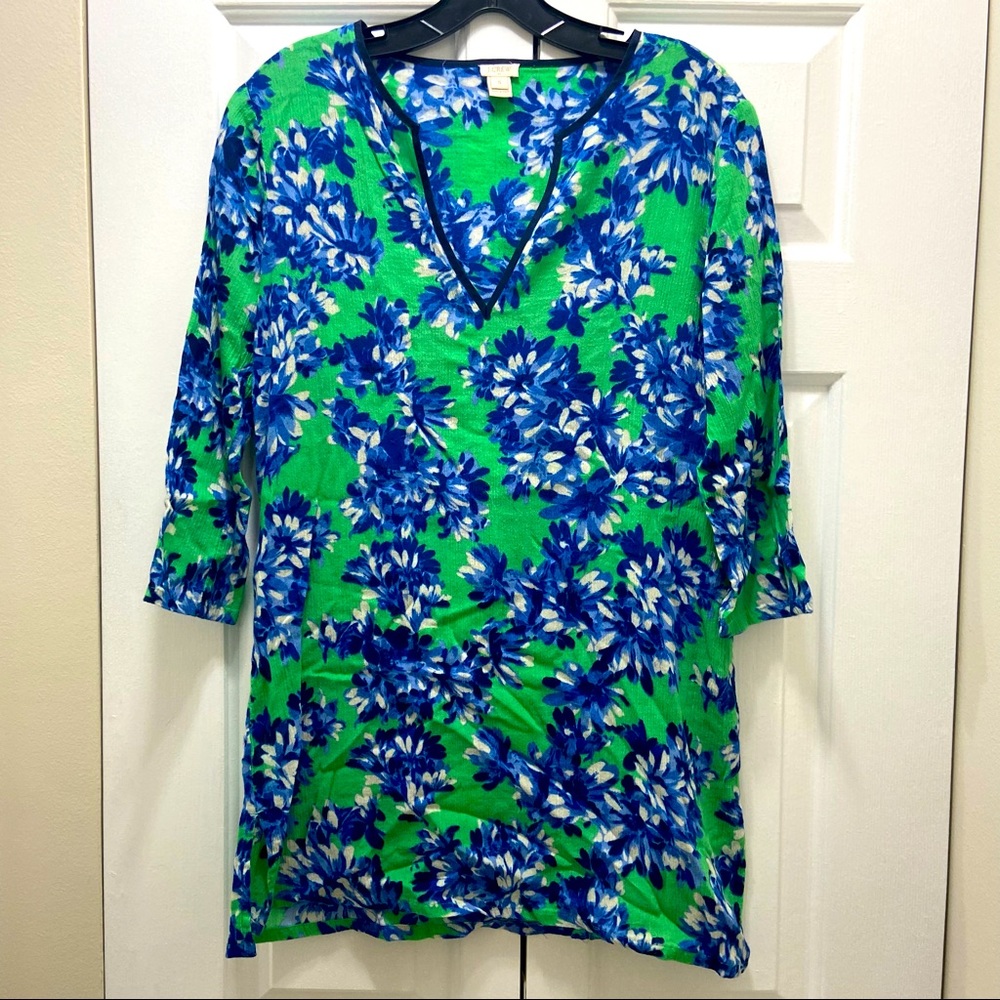 J. Crew Green and Navy Blue Floral Pattern Shift Dress